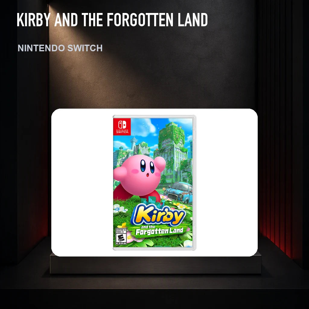 Kirby and the Forgotten Land physical game cover on a collector display plinth