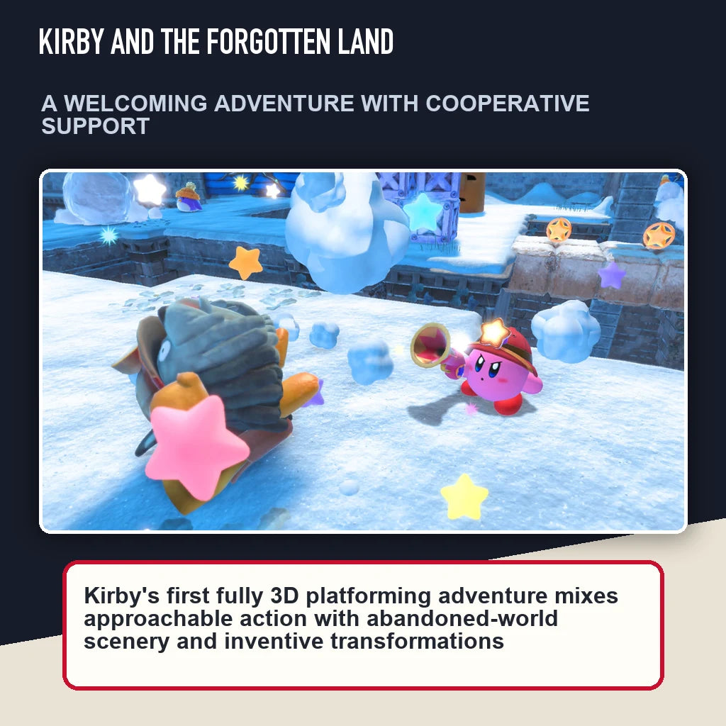 Kirby and the Forgotten Land scene highlighting a welcoming adventure with cooperative support