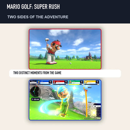 Two scenes from Mario Golf: Super Rush showing distinct moments from the game