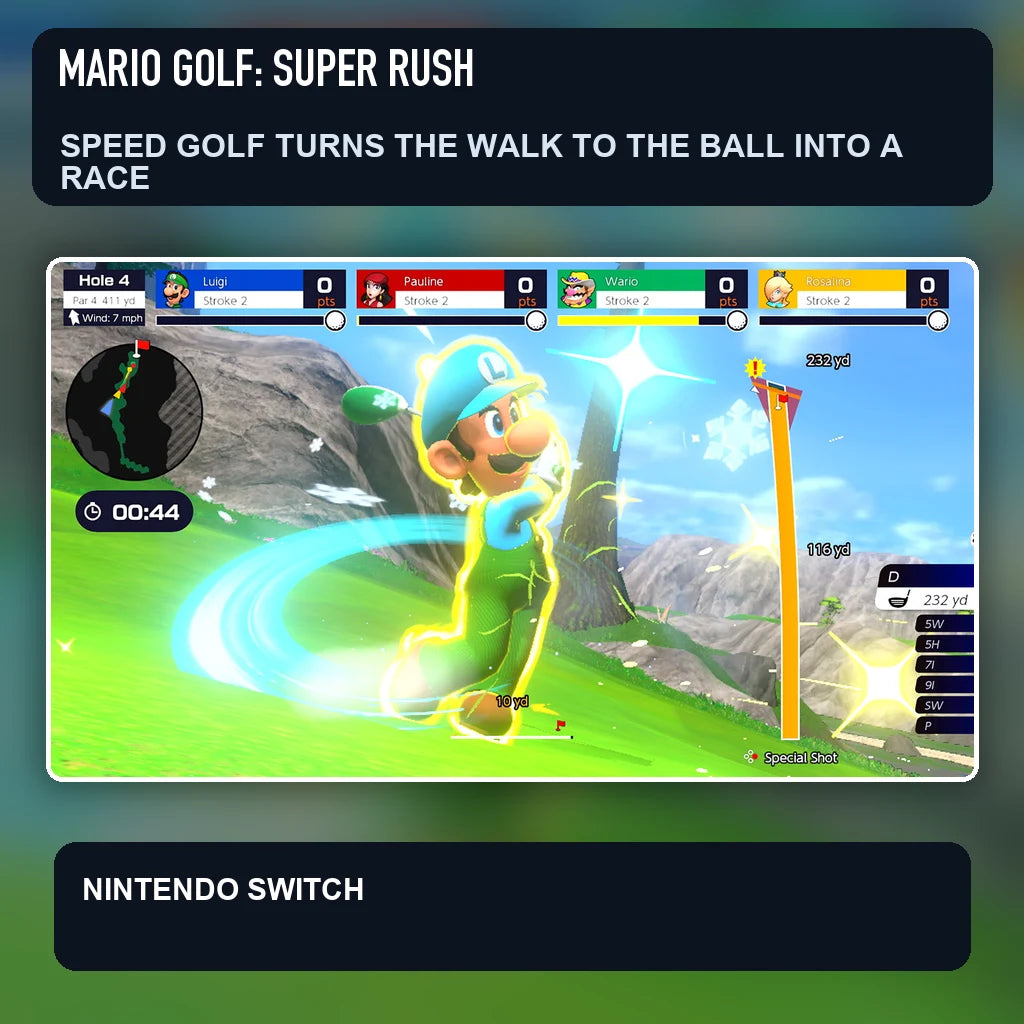 Mario Golf: Super Rush scene illustrating speed golf turns the walk to the ball into a race
