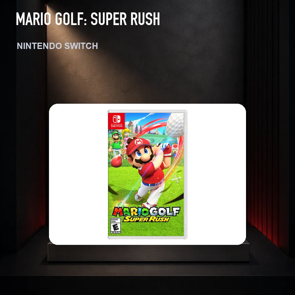 Mario Golf: Super Rush physical game cover on a collector display plinth