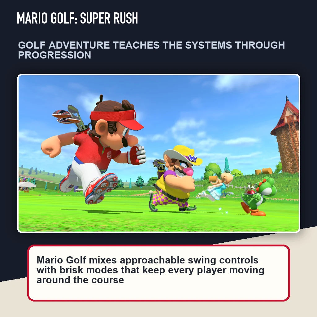 Mario Golf: Super Rush scene highlighting golf adventure teaches the systems through progression