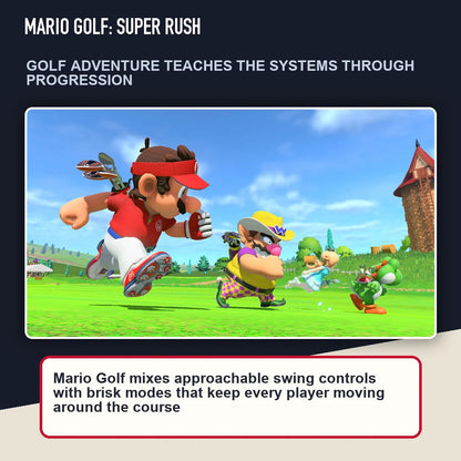 Mario Golf: Super Rush scene highlighting golf adventure teaches the systems through progression