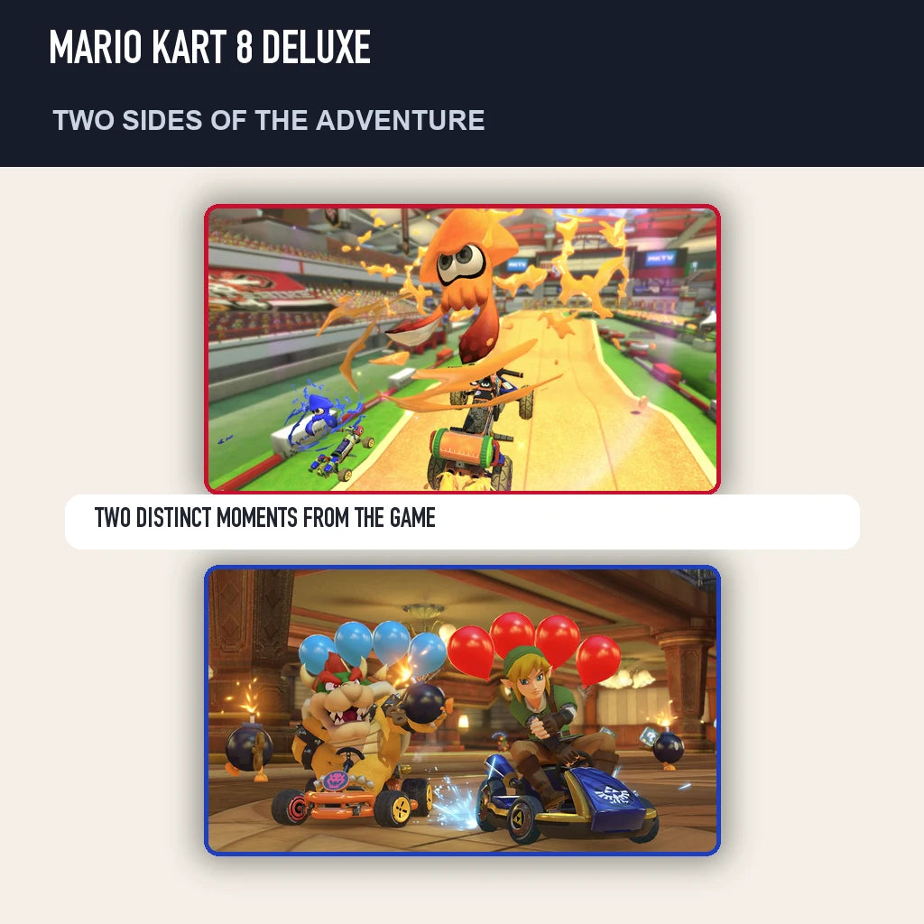 Two scenes from Mario Kart 8 Deluxe showing distinct moments from the game