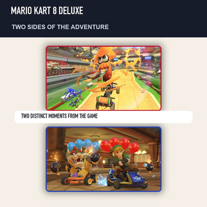 Two scenes from Mario Kart 8 Deluxe showing distinct moments from the game