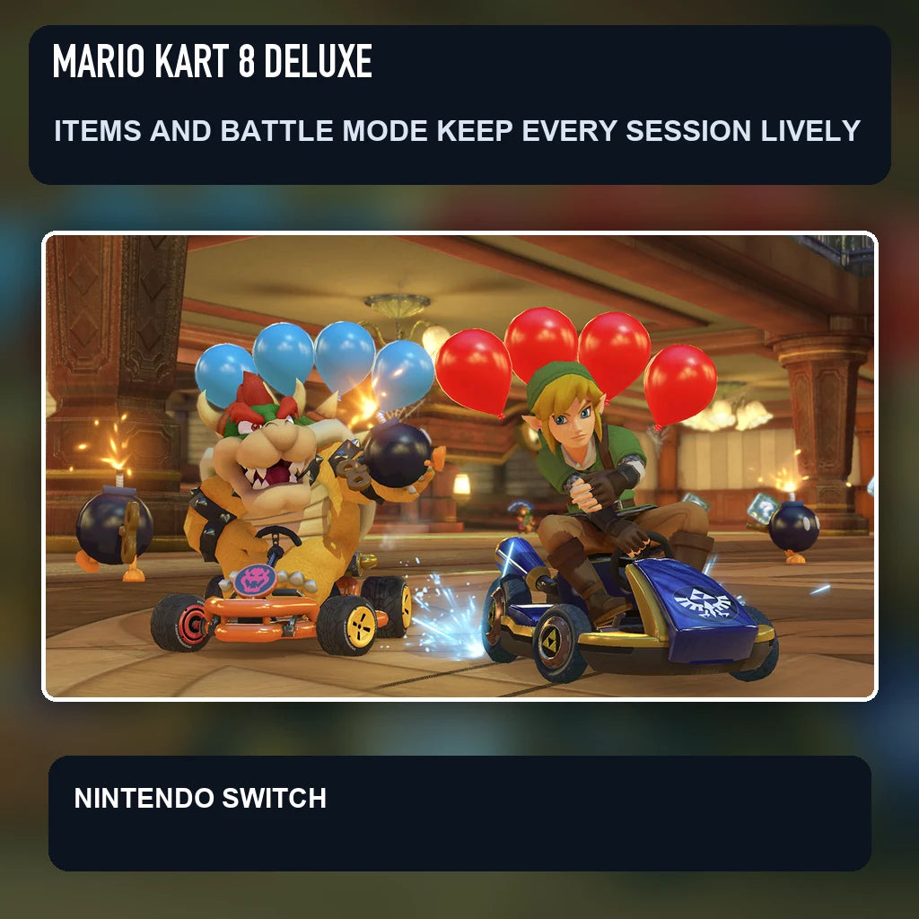 Mario Kart 8 Deluxe scene illustrating items and battle mode keep every session lively