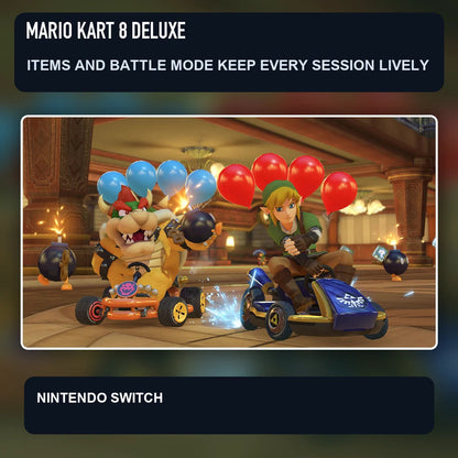Mario Kart 8 Deluxe scene illustrating items and battle mode keep every session lively