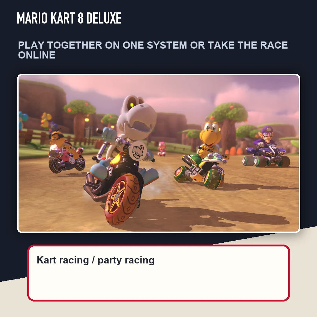 Mario Kart 8 Deluxe scene highlighting play together on one system or take the race online