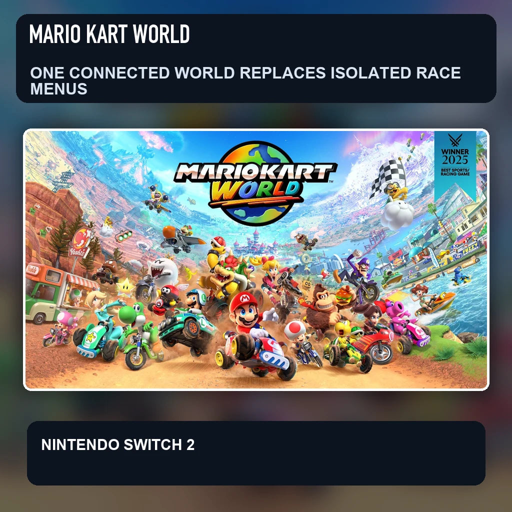 Mario Kart World key visual highlighting one connected world replaces isolated race menus