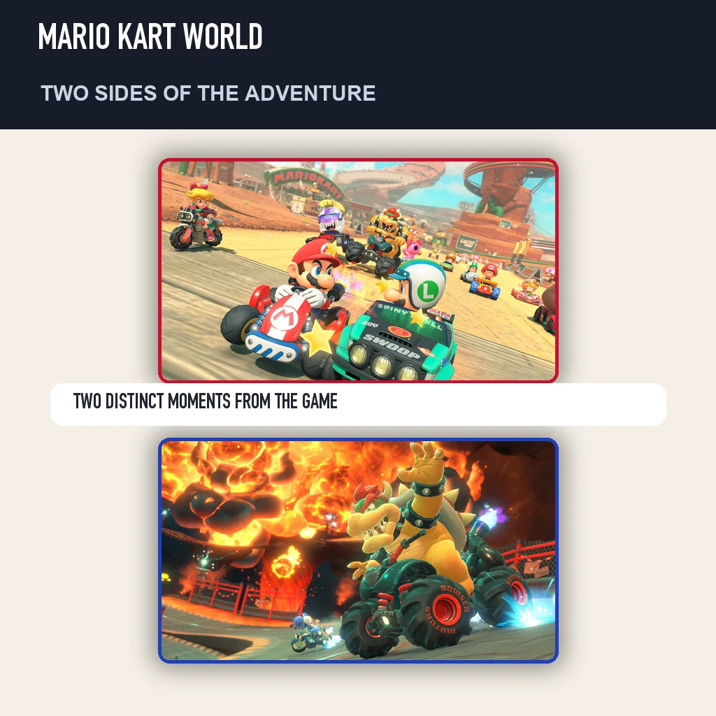 Two scenes from Mario Kart World showing distinct moments from the game
