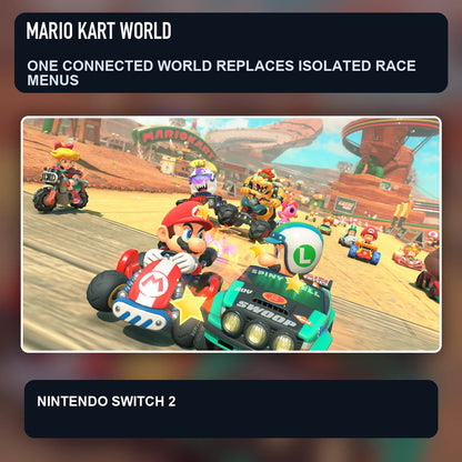 Mario Kart World scene illustrating one connected world replaces isolated race menus