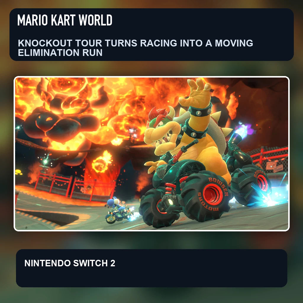 Mario Kart World scene illustrating knockout tour turns racing into a moving elimination run