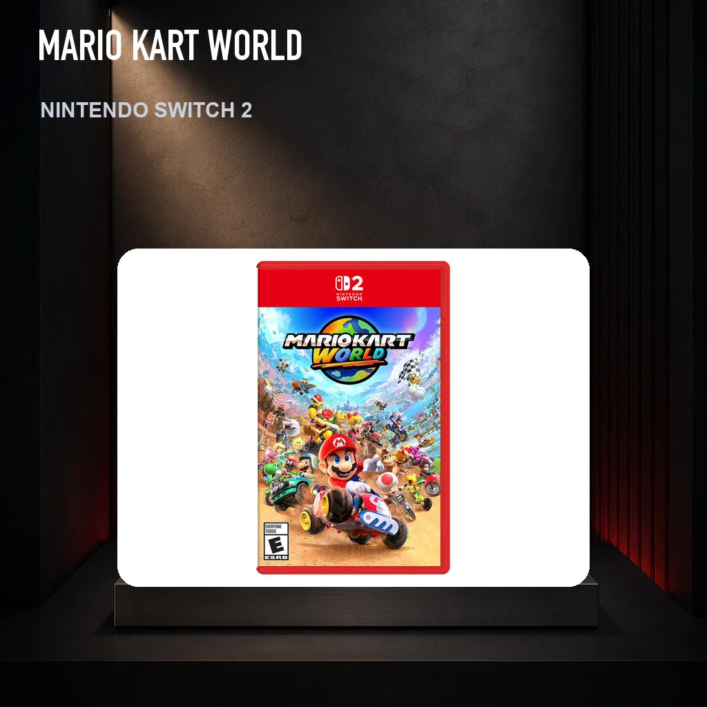 Mario Kart World physical game cover on a collector display plinth