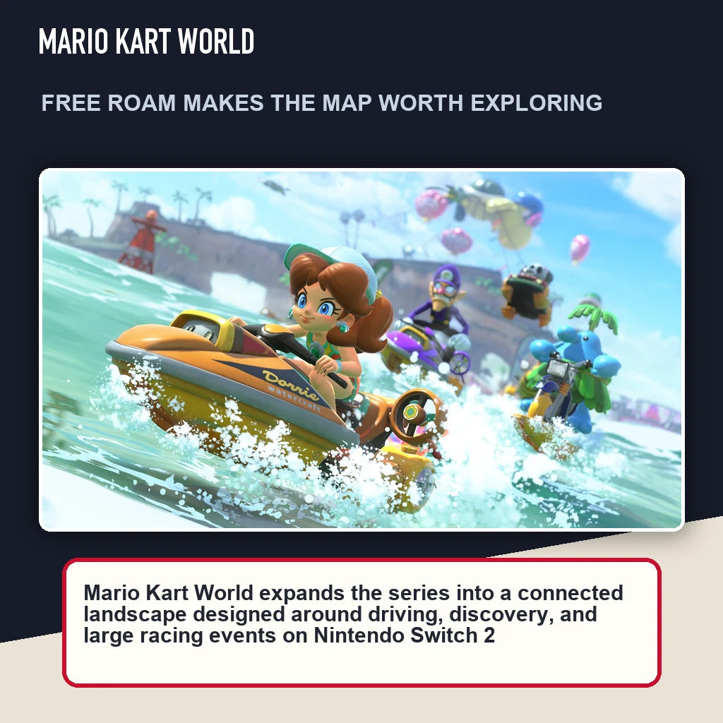 Mario Kart World scene highlighting free roam makes the map worth exploring