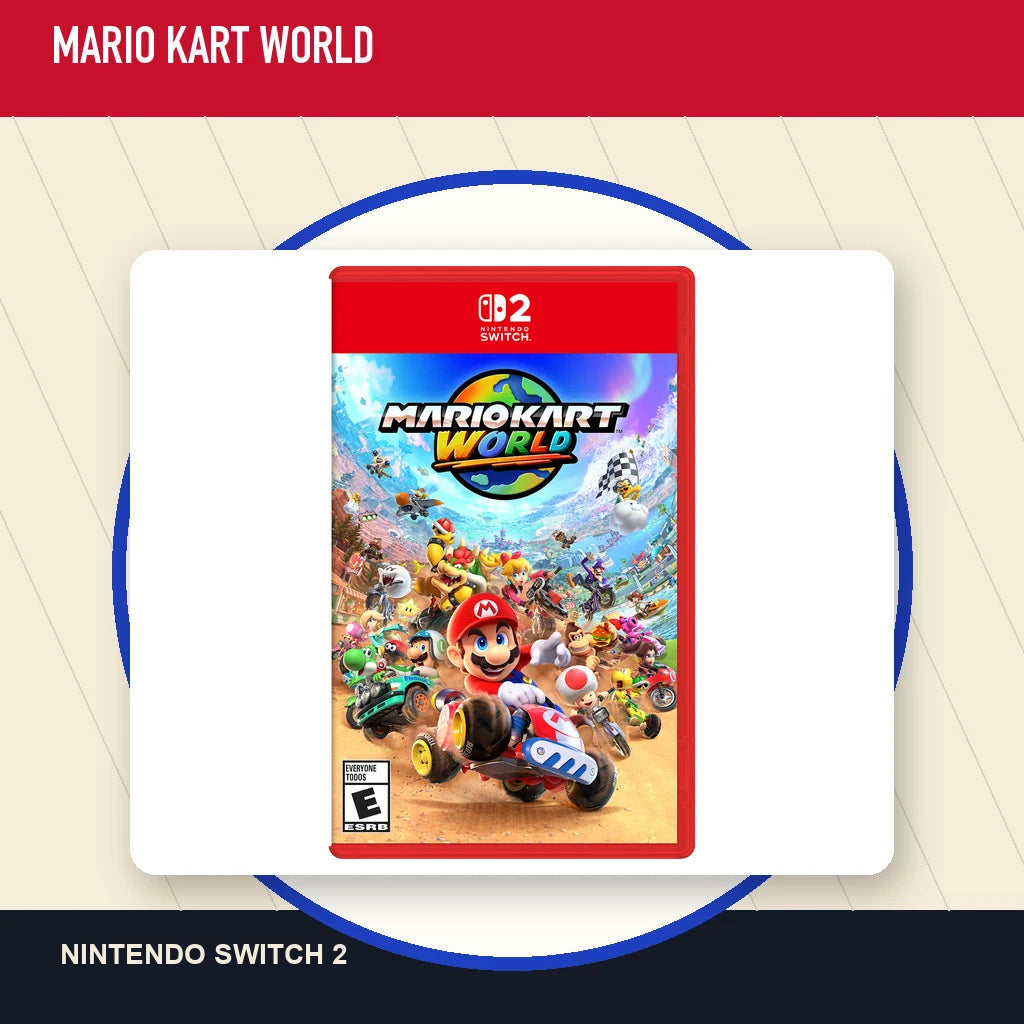 Mario Kart World physical game cover in a minimal catalog layout