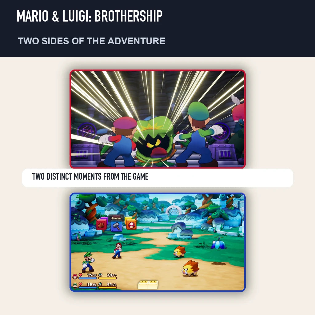 Two scenes from Mario & Luigi: Brothership showing distinct moments from the game