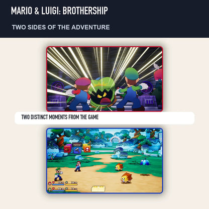 Two scenes from Mario & Luigi: Brothership showing distinct moments from the game