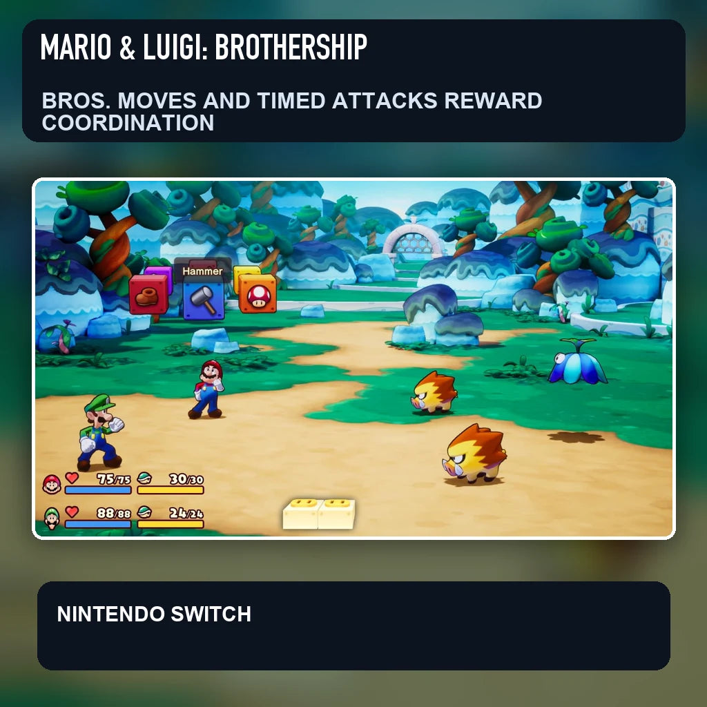 Mario & Luigi: Brothership scene illustrating bros. moves and timed attacks reward coordination