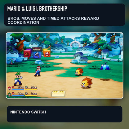 Mario & Luigi: Brothership scene illustrating bros. moves and timed attacks reward coordination