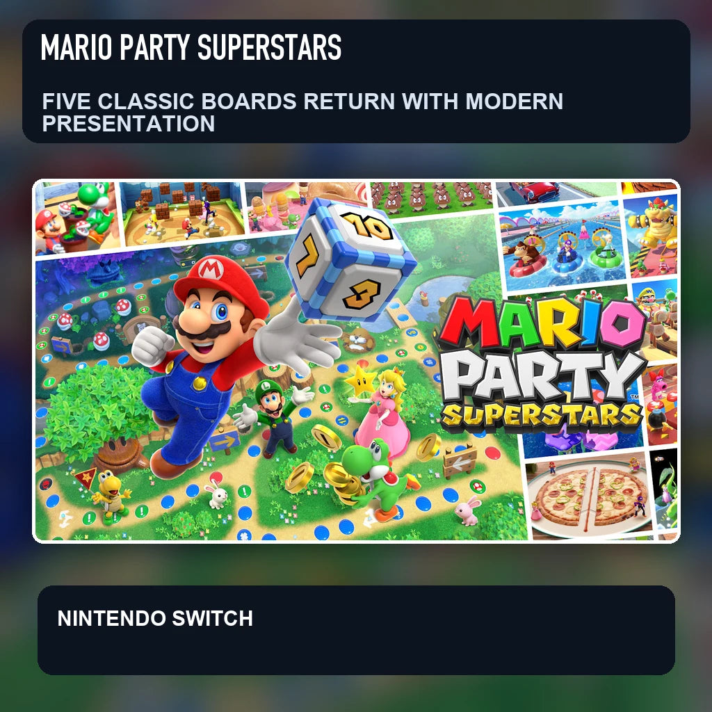 Mario Party Superstars key visual highlighting five classic boards return with modern presentation