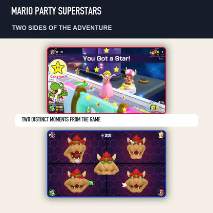 Two scenes from Mario Party Superstars showing distinct moments from the game