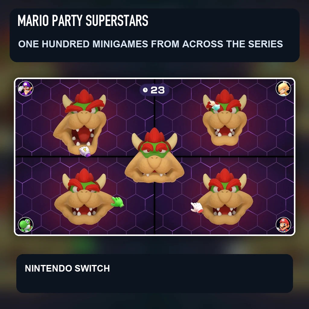 Mario Party Superstars scene illustrating one hundred minigames from across the series