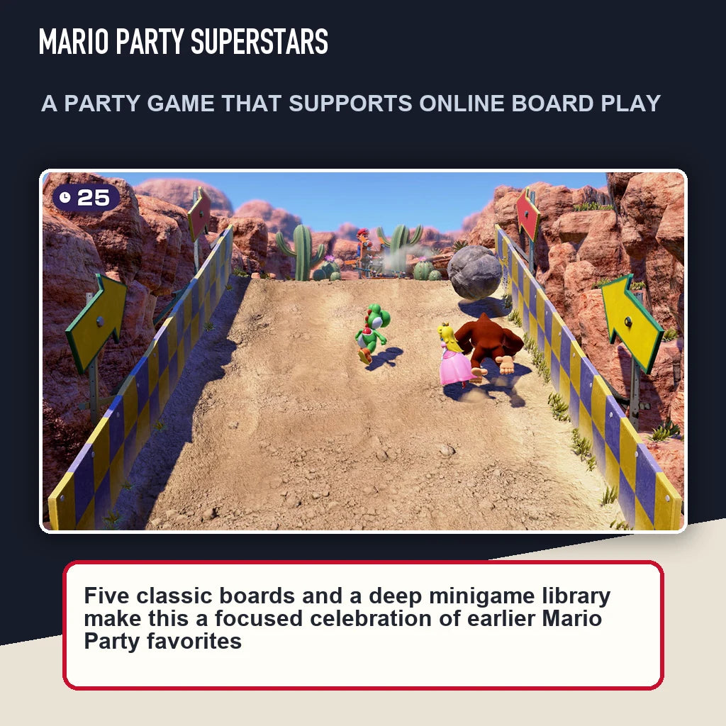 Mario Party Superstars scene highlighting a party game that supports online board play