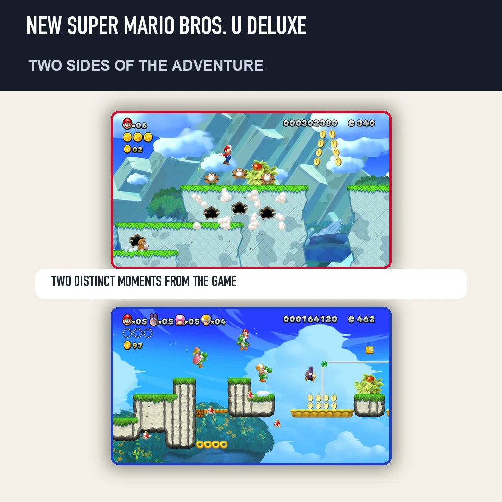 Two scenes from New Super Mario Bros. U Deluxe showing distinct moments from the game