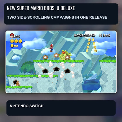 New Super Mario Bros. U Deluxe scene illustrating two side-scrolling campaigns in one release