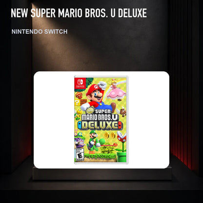 New Super Mario Bros. U Deluxe physical game cover on a collector display plinth