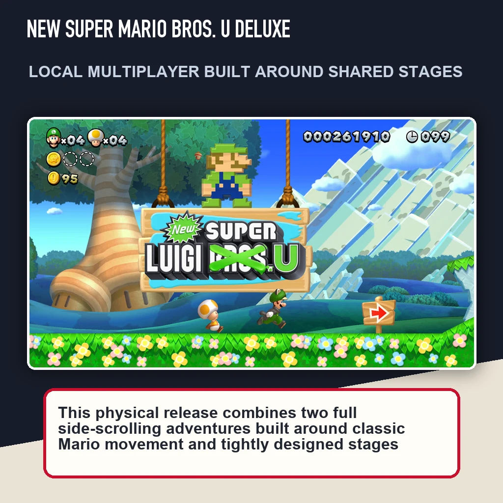 New Super Mario Bros. U Deluxe scene highlighting local multiplayer built around shared stages