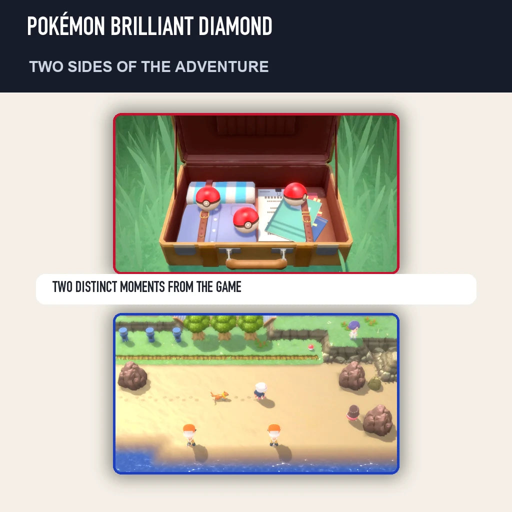 Two scenes from Pokémon Brilliant Diamond showing distinct moments from the game