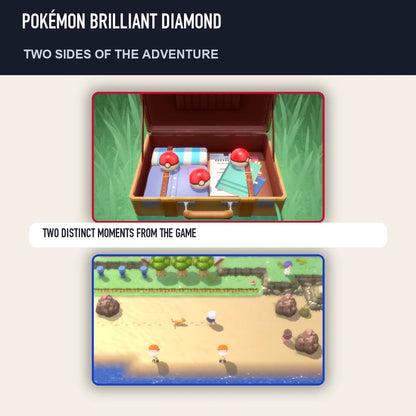 Two scenes from Pokémon Brilliant Diamond showing distinct moments from the game