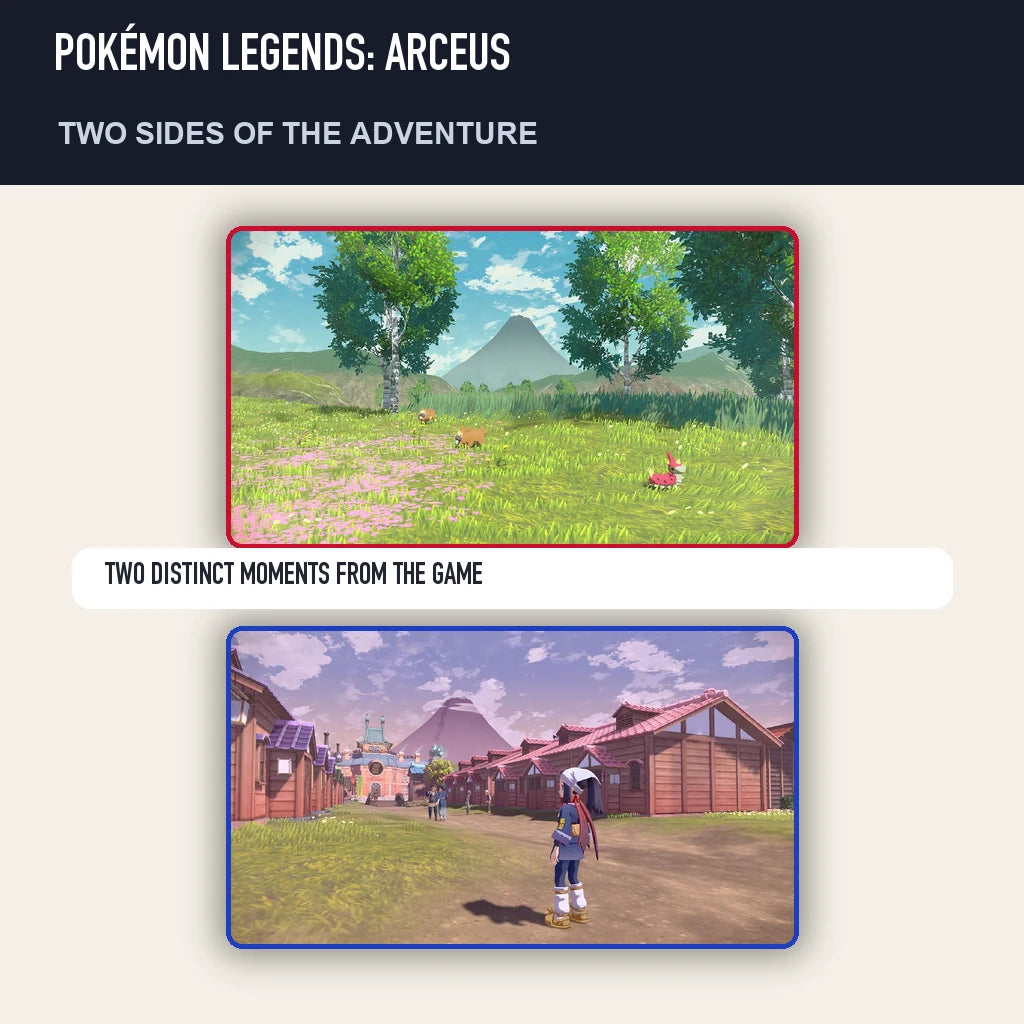 Two scenes from Pokémon Legends: Arceus showing distinct moments from the game