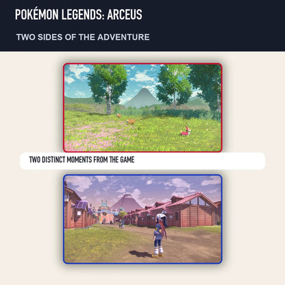 Two scenes from Pokémon Legends: Arceus showing distinct moments from the game