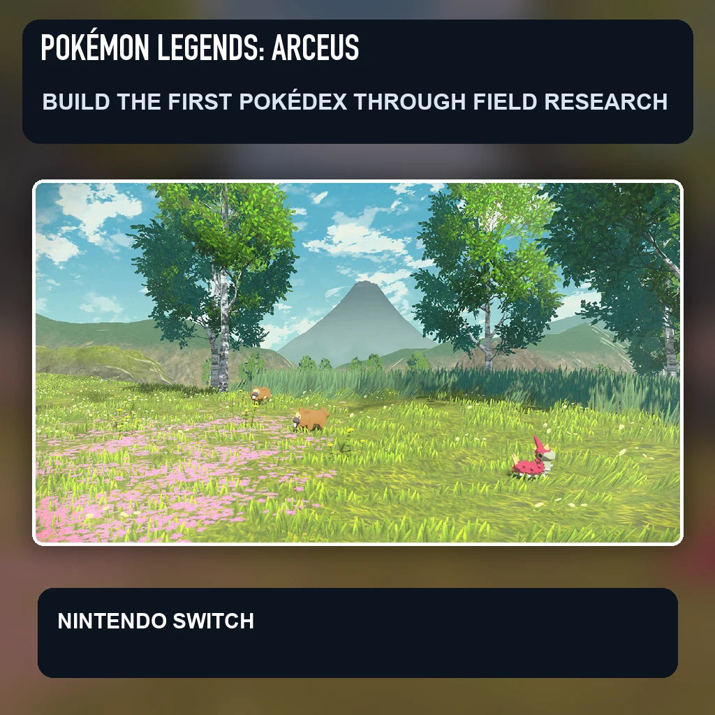 Pokémon Legends: Arceus scene illustrating build the first pokédex through field research
