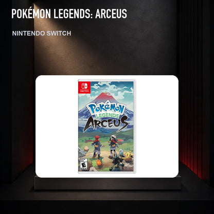 Pokémon Legends: Arceus physical game cover on a collector display plinth