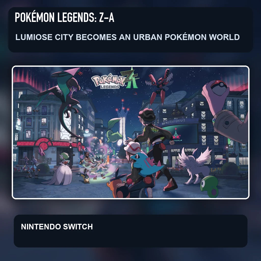 Pokémon Legends: Z-A key visual highlighting lumiose city becomes an urban pokémon world