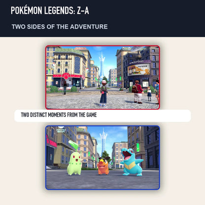 Two scenes from Pokémon Legends: Z-A showing distinct moments from the game