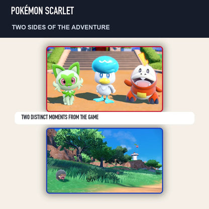 Two scenes from Pokémon Scarlet showing distinct moments from the game