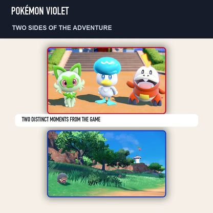 Two scenes from Pokémon Violet showing distinct moments from the game