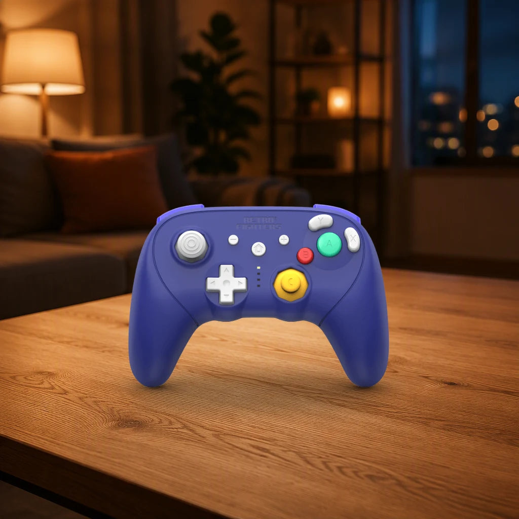 Retro Fighters BattlerGC Pro shown in a living-room setting; scene props not included