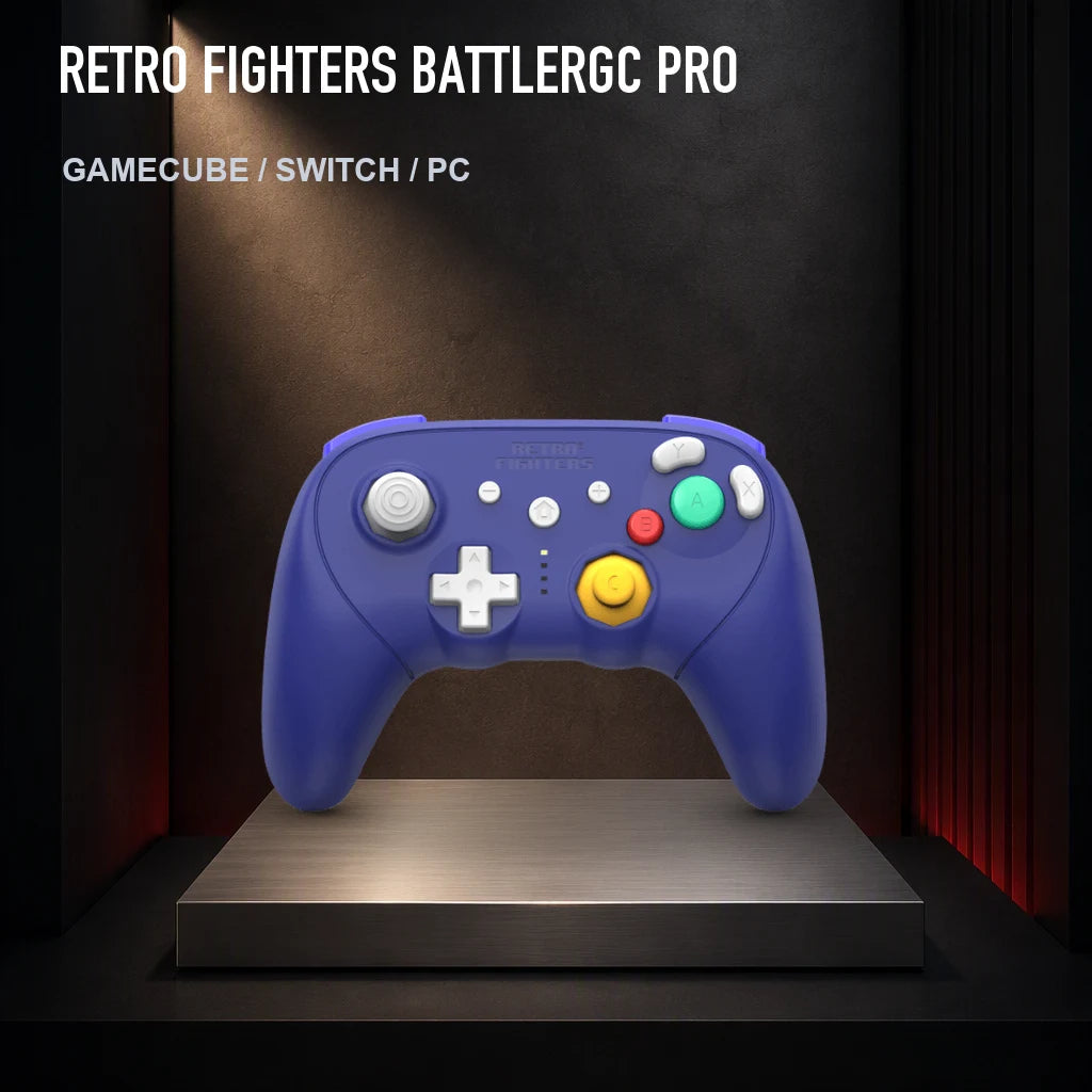 Retro Fighters BattlerGC Pro on a collector display plinth