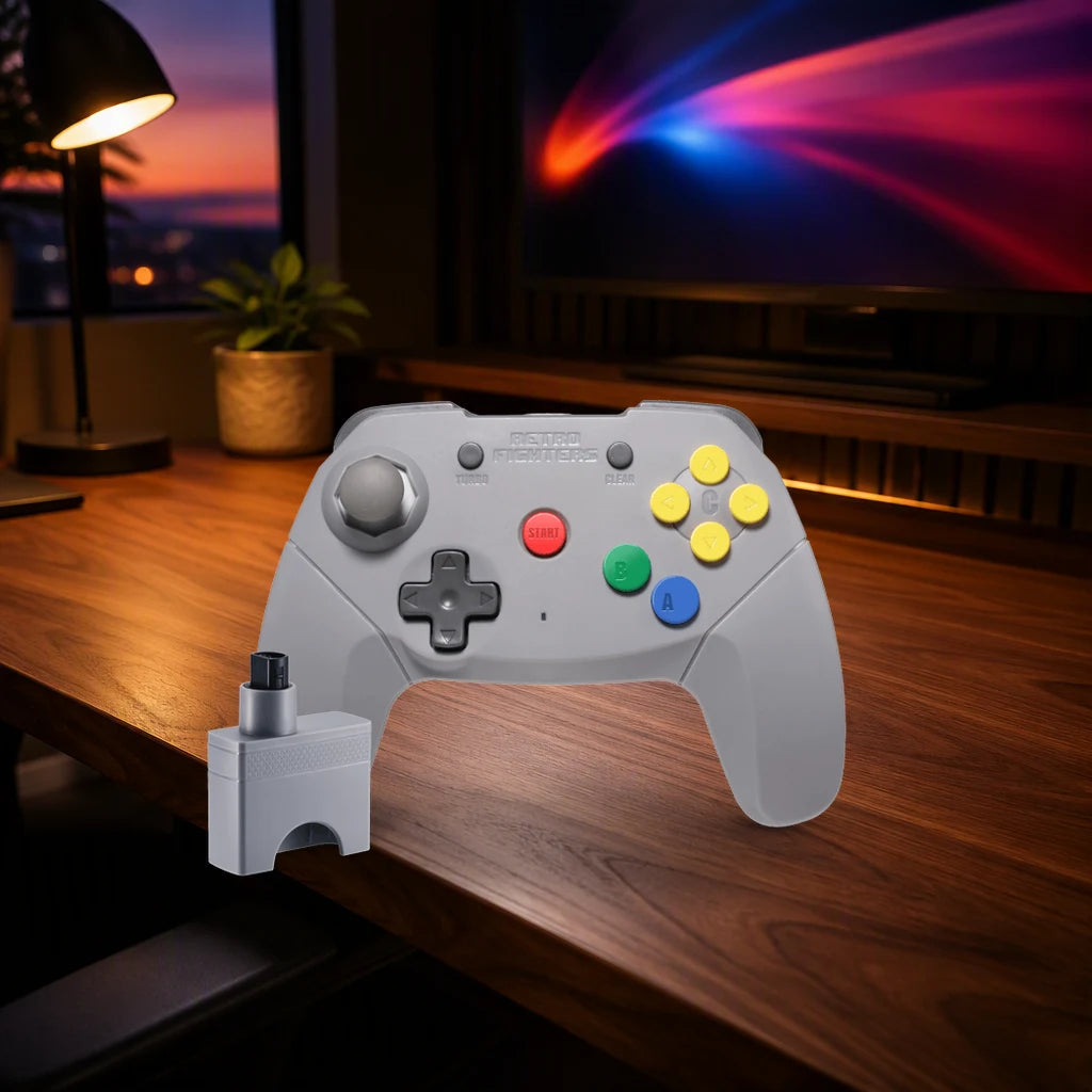 Retro Fighters Brawler64 Wireless Edition shown in a gaming desk setting; scene props not included