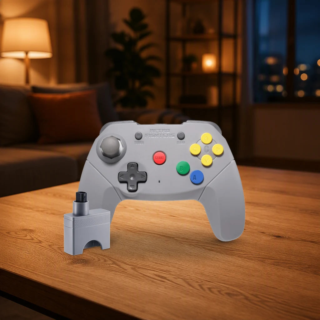 Retro Fighters Brawler64 Wireless Edition shown in a living-room setting; scene props not included