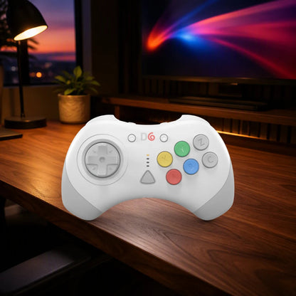 Retro Fighters D6 Dreamcast shown in a gaming desk setting; scene props not included
