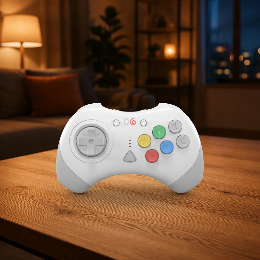Retro Fighters D6 Dreamcast shown in a living-room setting; scene props not included