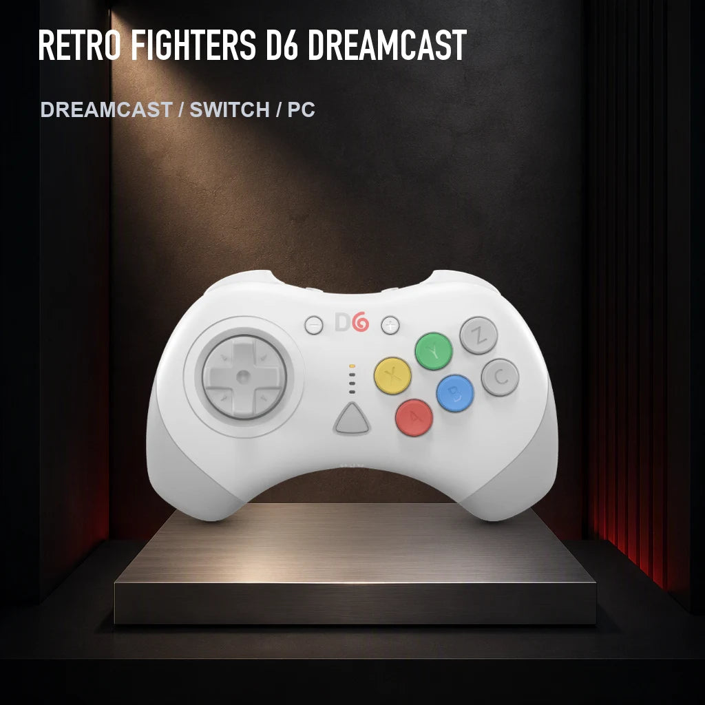 Retro Fighters D6 Dreamcast on a collector display plinth