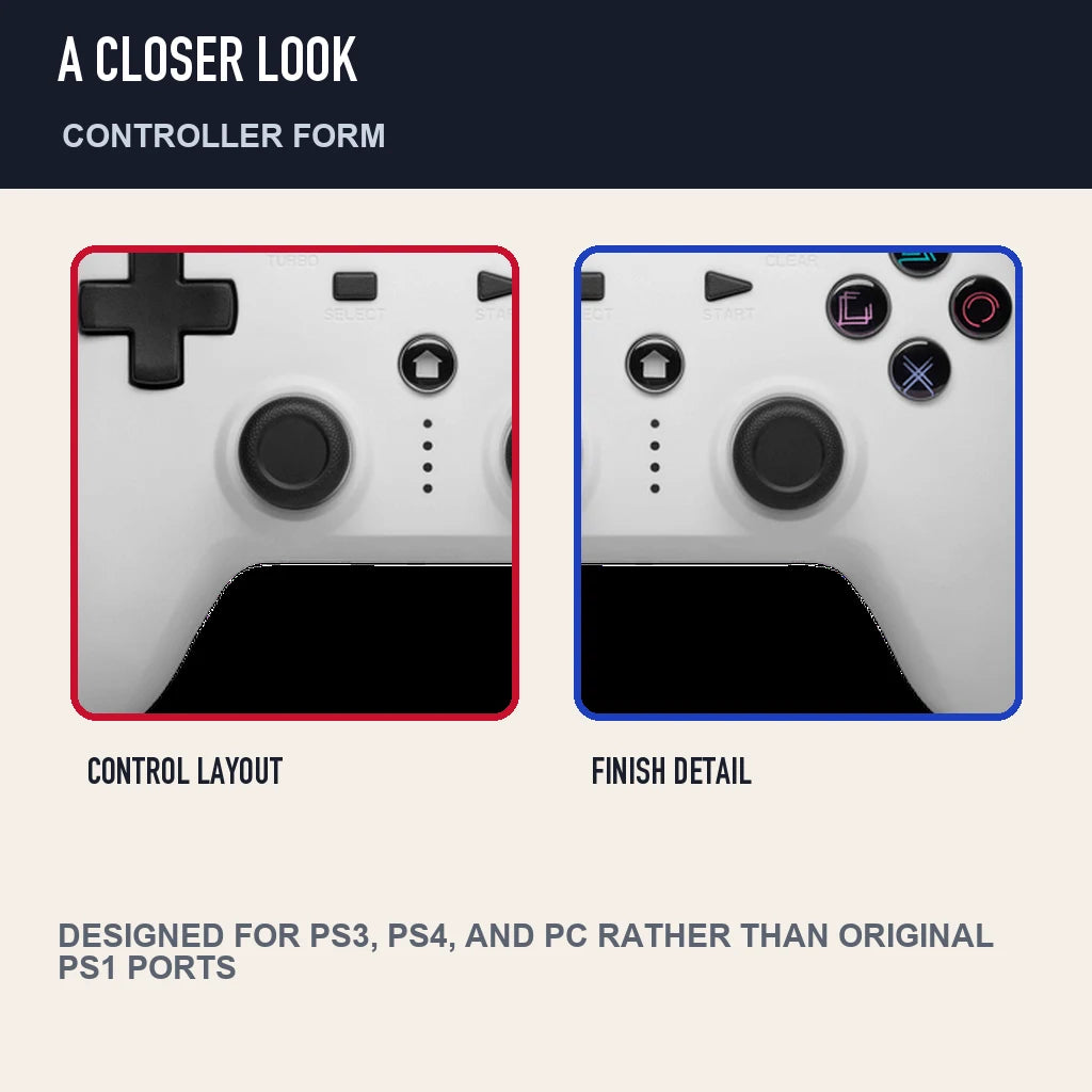 Two close detail views of Retro Fighters Defender Bluetooth Edition