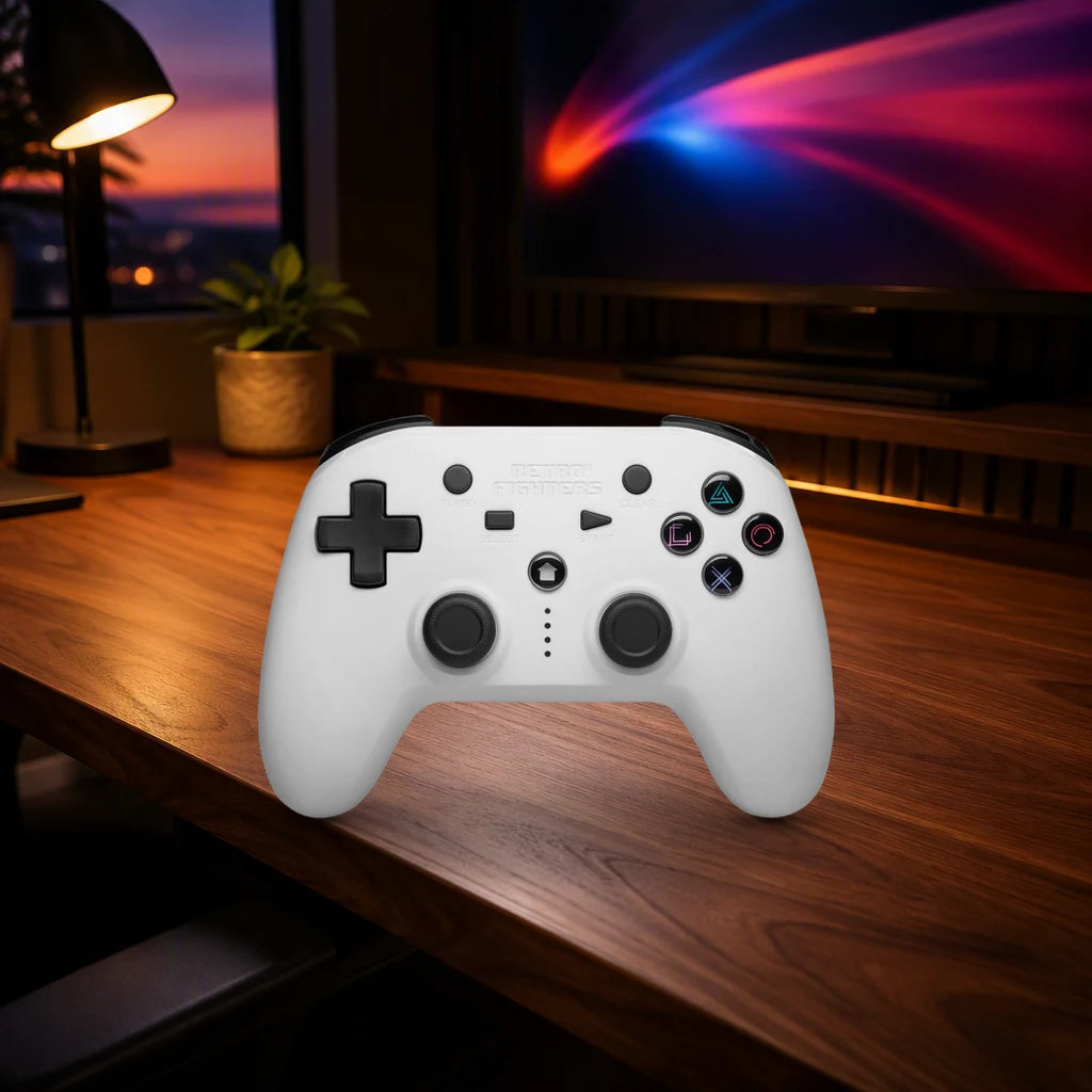 Retro Fighters Defender Bluetooth Edition shown in a gaming desk setting; scene props not included